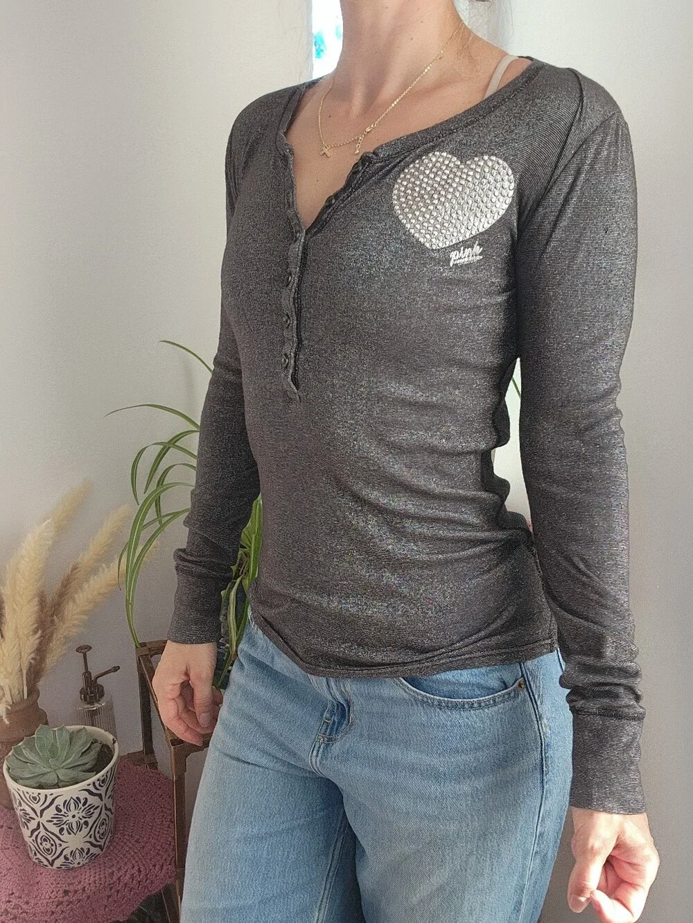 PINK Victorias Secret Metallic Shimmer Ling Sleeve Y2K Top Size Large